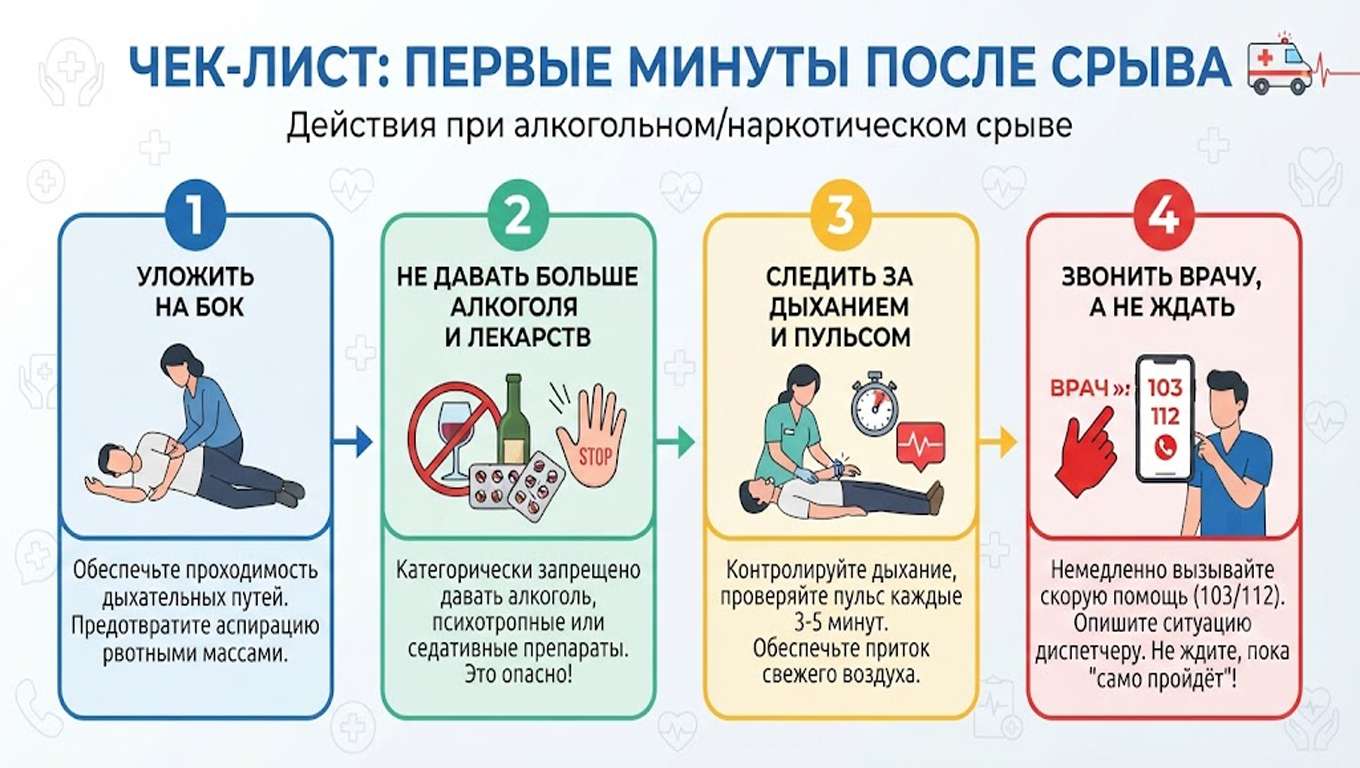 Инфографика чек-лист первые минуты после срыва: порядок экстренных действий при алкогольном срыве.