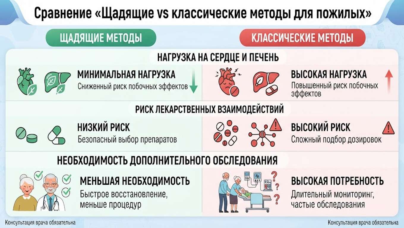 Инфографика Сравнение щадящих и классических методов для пожилых